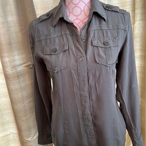 Harley Davidson button down shirt army green with metal stars and appliqué